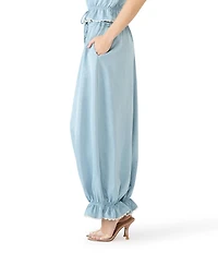 Steve Madden Roan Lightweight Wash Satin Drawstring Scallop Trim Pants