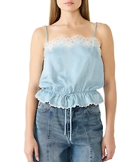Steve Madden Roan Washed Satin Square Neck Lace Sleeveless Tie Waist Top