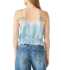 Steve Madden Roan Washed Satin Square Neck Lace Sleeveless Tie Waist Top