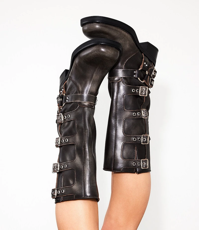 Steve Madden Rocky Distressed Leather Buckle Hardware Tall Moto Engineer Boots