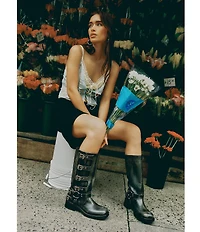 Steve Madden Rocky Distressed Leather Buckle Hardware Tall Moto Engineer Boots
