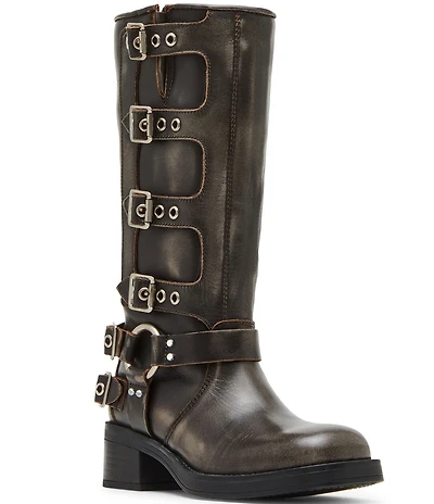 Steve Madden Rocky Distressed Leather Buckle Hardware Tall Moto Engineer Boots