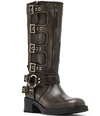 Steve Madden Rocky Distressed Leather Buckle Hardware Tall Moto Engineer Boots