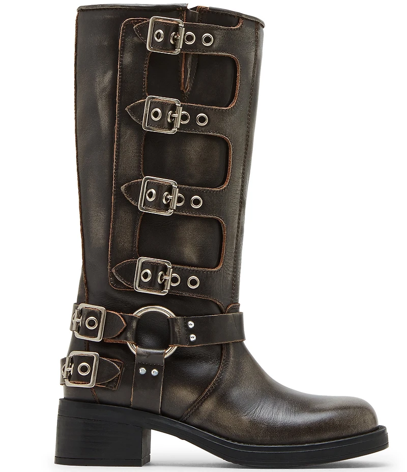 Steve Madden Rocky Distressed Leather Buckle Hardware Tall Moto Engineer Boots
