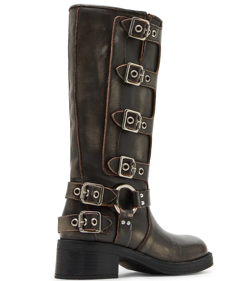 Steve Madden Rocky Distressed Leather Buckle Hardware Tall Moto Engineer Boots