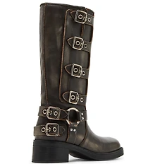 Steve Madden Rocky Distressed Leather Buckle Hardware Tall Moto Engineer Boots