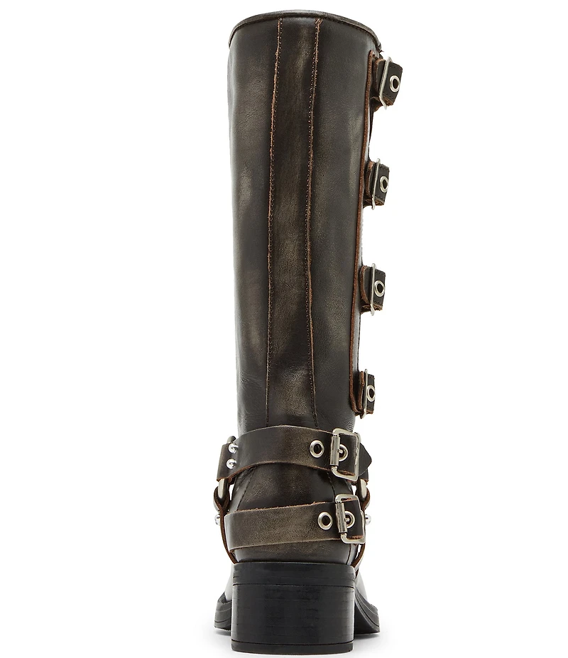 Steve Madden Rocky Distressed Leather Buckle Hardware Tall Moto Engineer Boots