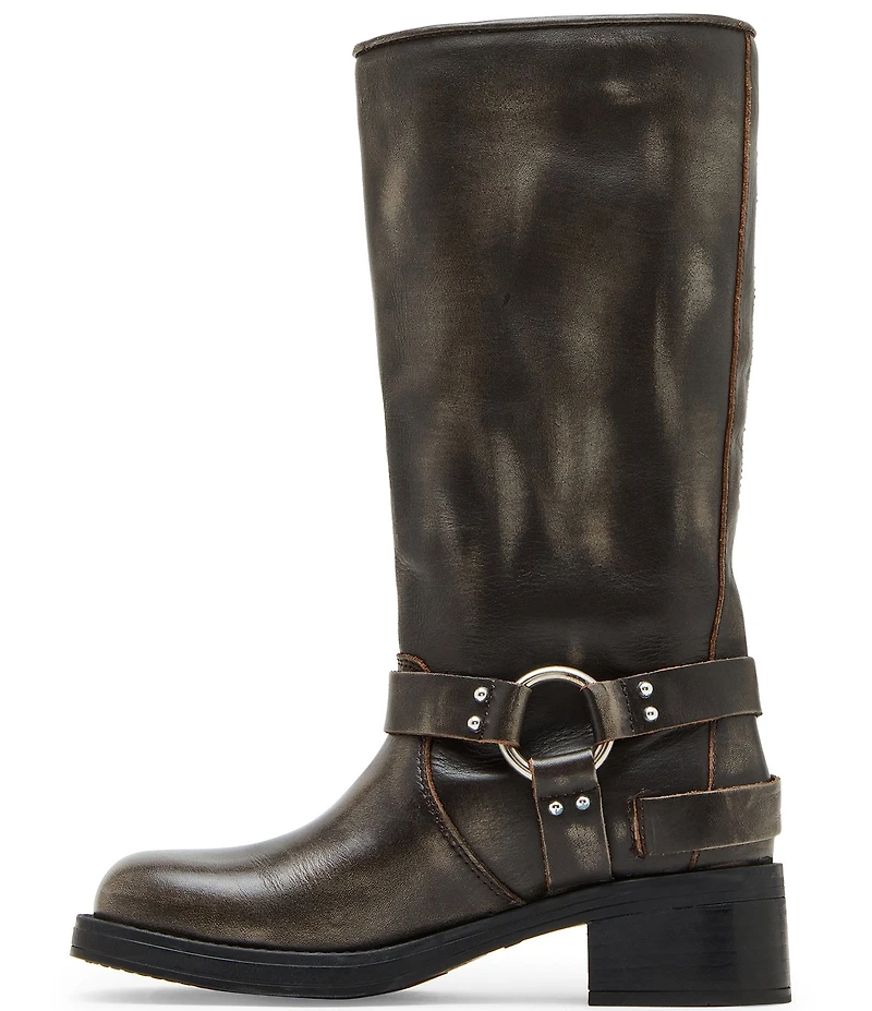 Steve Madden Rocky Distressed Leather Buckle Hardware Tall Moto Engineer Boots