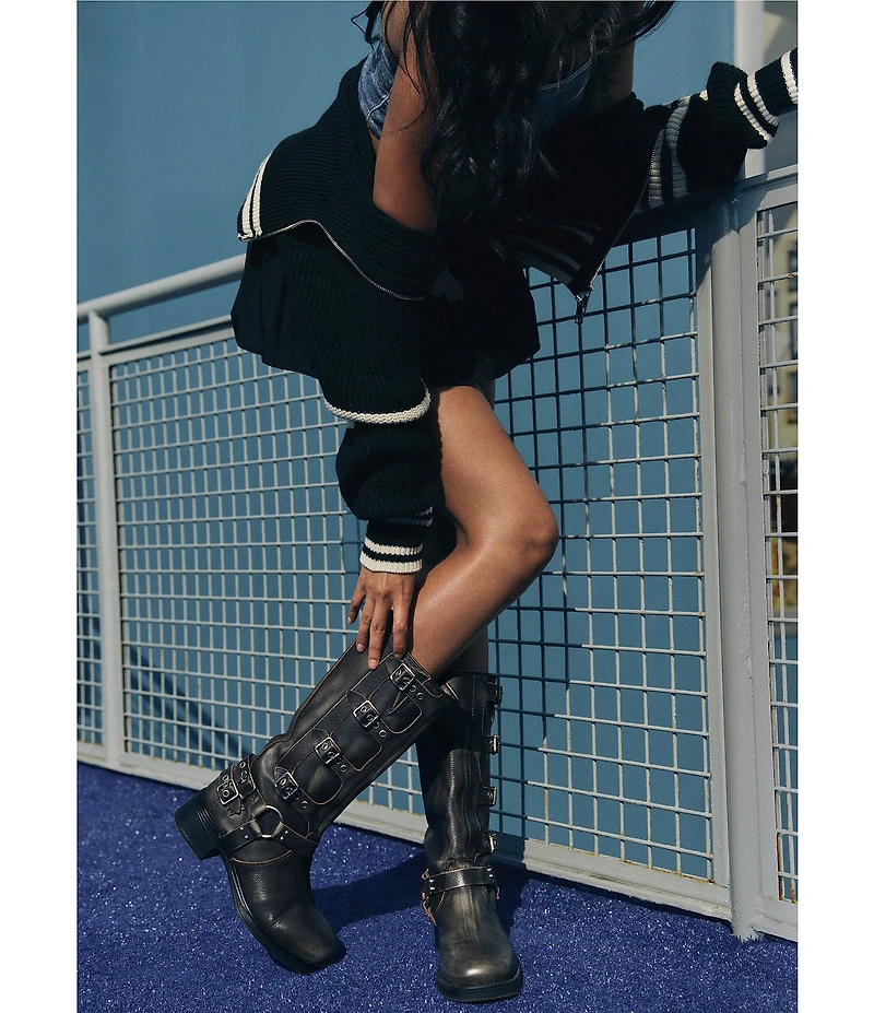 Steve Madden Rocky Distressed Leather Buckle Hardware Tall Moto Engineer Boots