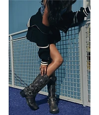 Steve Madden Rocky Distressed Leather Buckle Hardware Tall Moto Engineer Boots