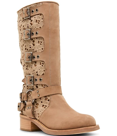 Steve Madden Rocky Floral Crochet Buckle Strap Hardware Moto Engineer Boots