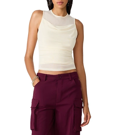 Steve Madden Roman Mesh Cowl Neck Sleeveless Ruched Top