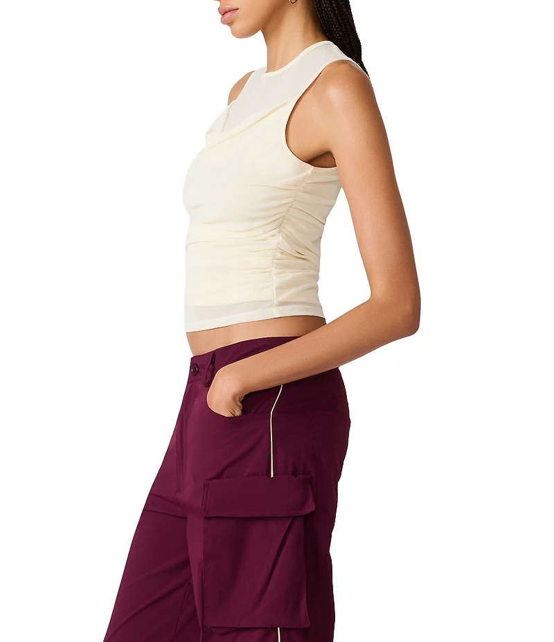 Steve Madden Roman Mesh Cowl Neck Sleeveless Ruched Top