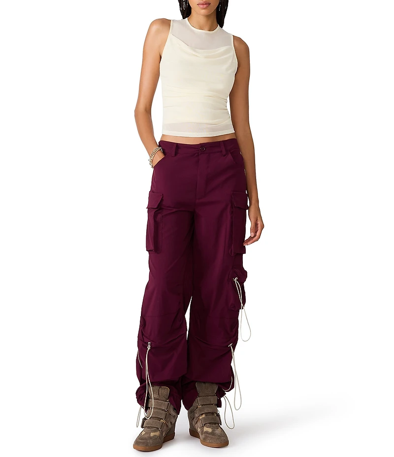 Steve Madden Roman Mesh Cowl Neck Sleeveless Ruched Top