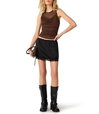 Steve Madden Roman Mesh Cowl Neck Sleeveless Ruched Top