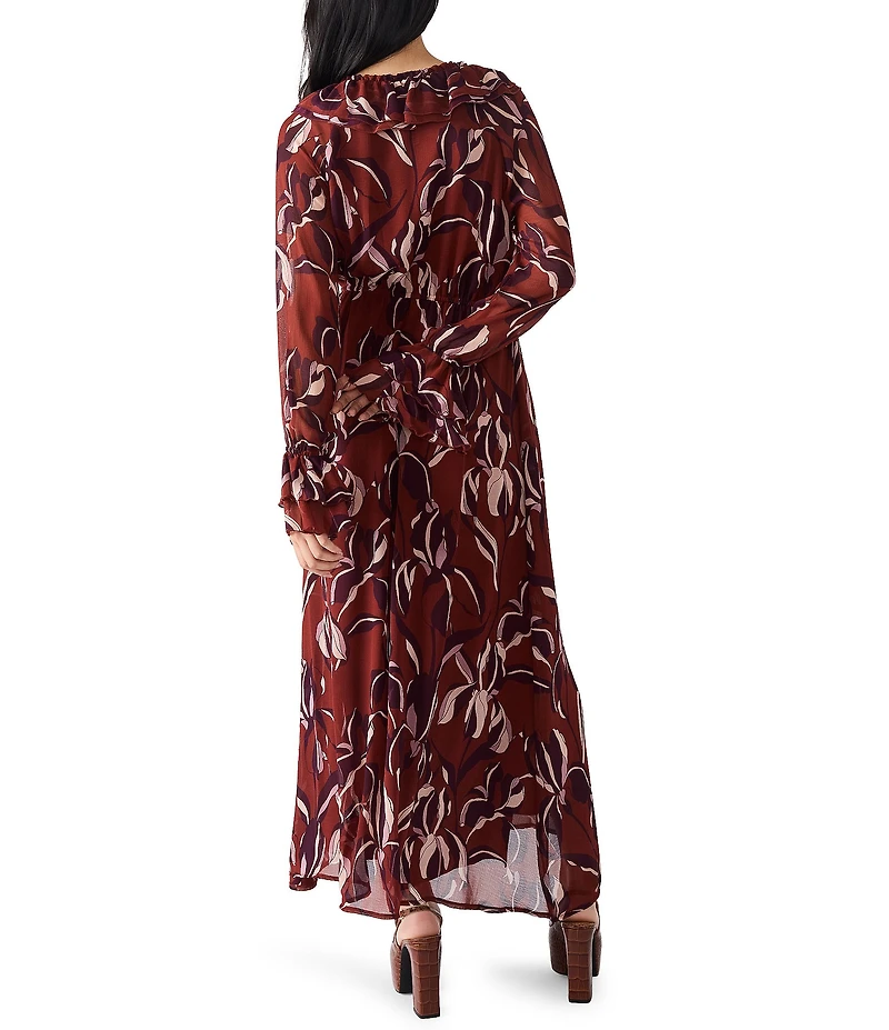 Steve Madden Rosabell Floral Print Ruffle Scoop Neck Long Sleeve Textured Chiffon Dress