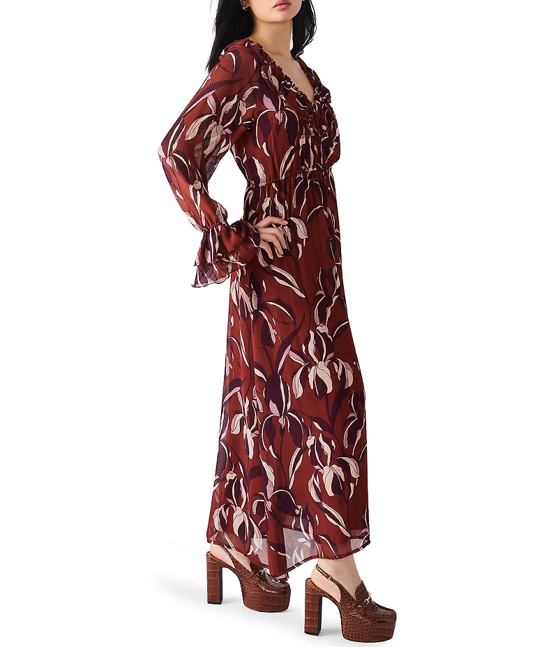 Steve Madden Rosabell Floral Print Ruffle Scoop Neck Long Sleeve Textured Chiffon Dress