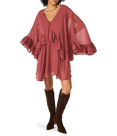 Steve Madden Rowan Woven Sleeveless Ruffled Cape A-Line Mini Dress