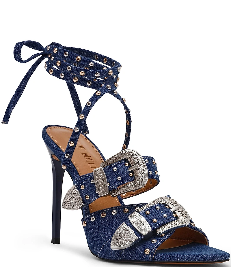 Steve Madden Saddle Denim Studded Western Buckle Hardware Ankle Wrap Stiletto Dress Sandals