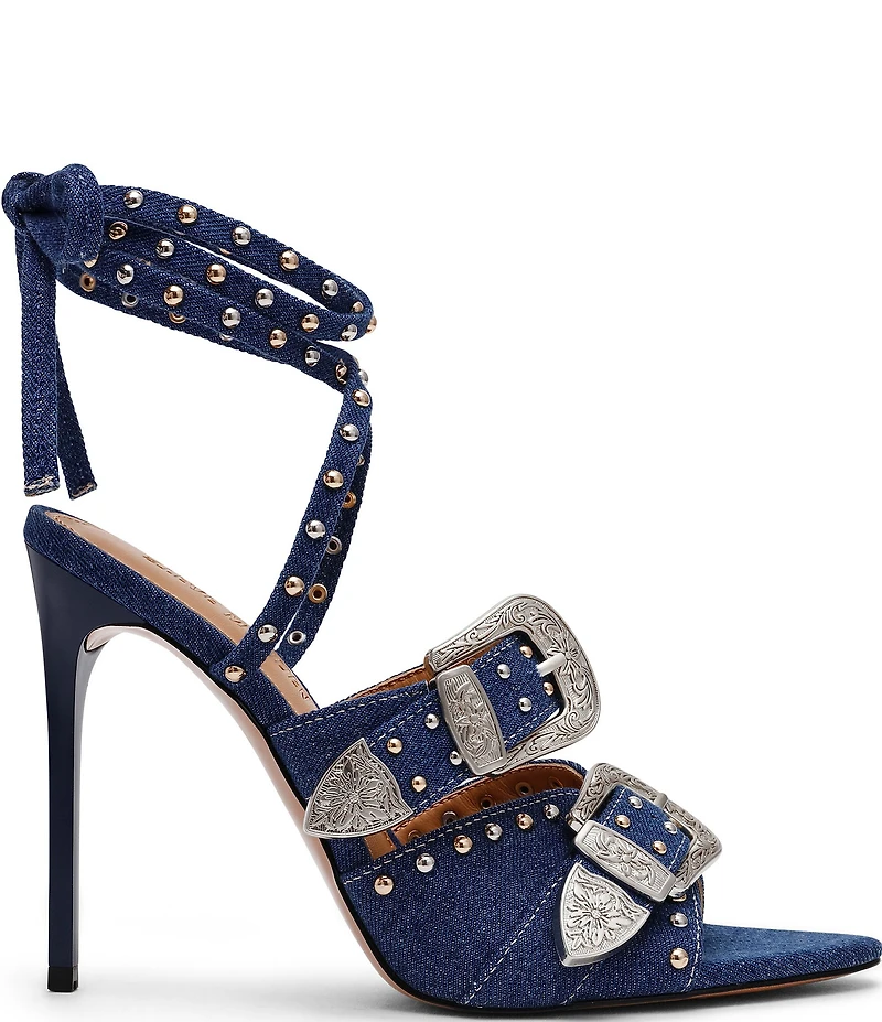 Steve Madden Saddle Denim Studded Western Buckle Hardware Ankle Wrap Stiletto Dress Sandals