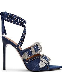 Steve Madden Saddle Denim Studded Western Buckle Hardware Ankle Wrap Stiletto Dress Sandals