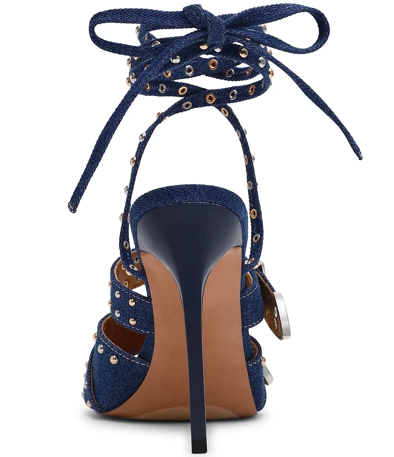 Steve Madden Saddle Denim Studded Western Buckle Hardware Ankle Wrap Stiletto Dress Sandals