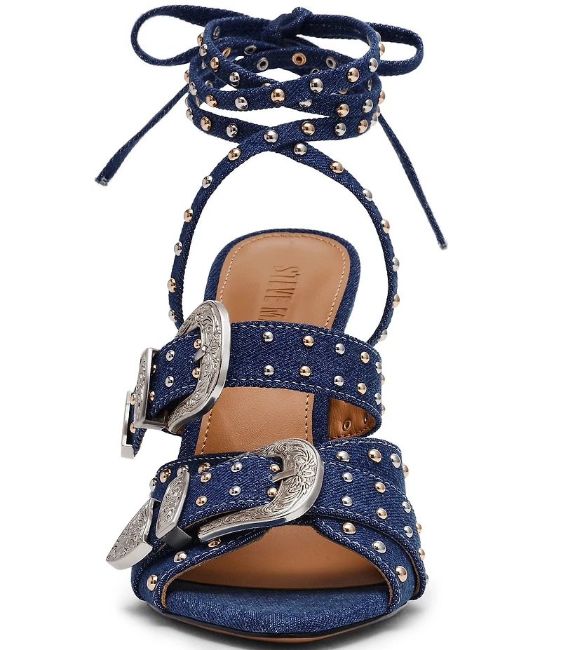 Steve Madden Saddle Denim Studded Western Buckle Hardware Ankle Wrap Stiletto Dress Sandals