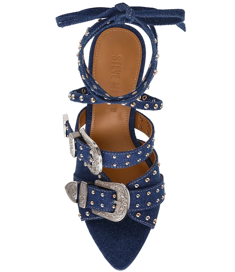 Steve Madden Saddle Denim Studded Western Buckle Hardware Ankle Wrap Stiletto Dress Sandals