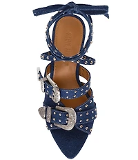 Steve Madden Saddle Denim Studded Western Buckle Hardware Ankle Wrap Stiletto Dress Sandals