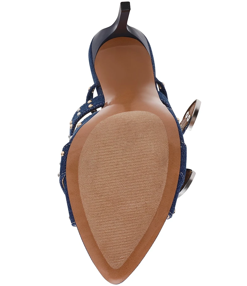 Steve Madden Saddle Denim Studded Western Buckle Hardware Ankle Wrap Stiletto Dress Sandals