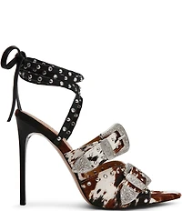 Steve Madden Saddle Cow Print Haircalf Studded Western Buckle Hardware Ankle Wrap Stiletto Dress Sandals