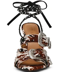 Steve Madden Saddle Cow Print Haircalf Studded Western Buckle Hardware Ankle Wrap Stiletto Dress Sandals