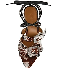 Steve Madden Saddle Cow Print Haircalf Studded Western Buckle Hardware Ankle Wrap Stiletto Dress Sandals