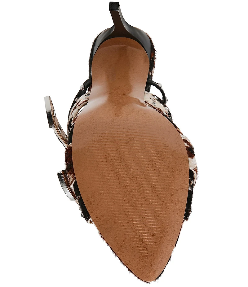 Steve Madden Saddle Cow Print Haircalf Studded Western Buckle Hardware Ankle Wrap Stiletto Dress Sandals