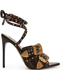 Steve Madden Saddle Studded Western Buckle Hardware Ankle Wrap Stiletto Dress Sandals