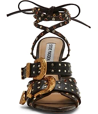 Steve Madden Saddle Studded Western Buckle Hardware Ankle Wrap Stiletto Dress Sandals