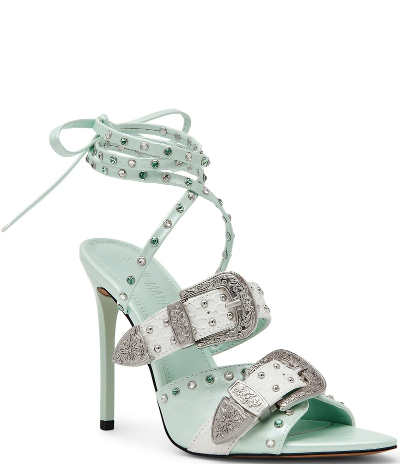 Steve Madden Saddle Studded Western Buckle Hardware Ankle Wrap Stiletto Dress Sandals