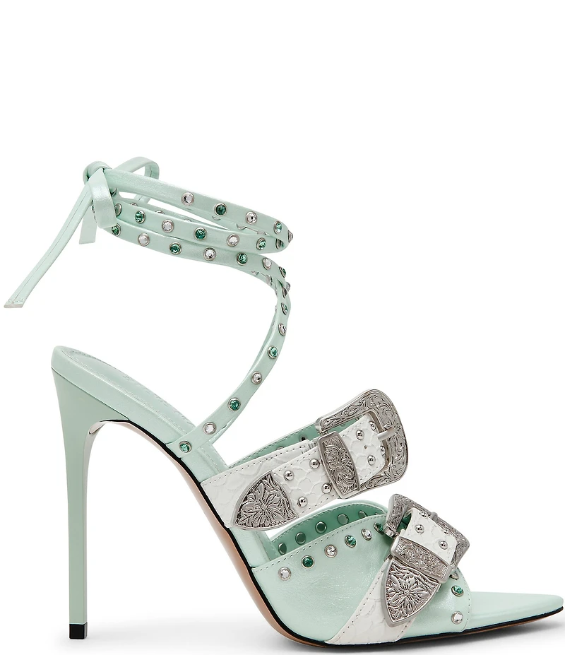 Steve Madden Saddle Studded Western Buckle Hardware Ankle Wrap Stiletto Dress Sandals