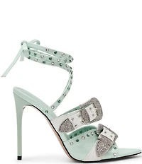 Steve Madden Saddle Studded Western Buckle Hardware Ankle Wrap Stiletto Dress Sandals