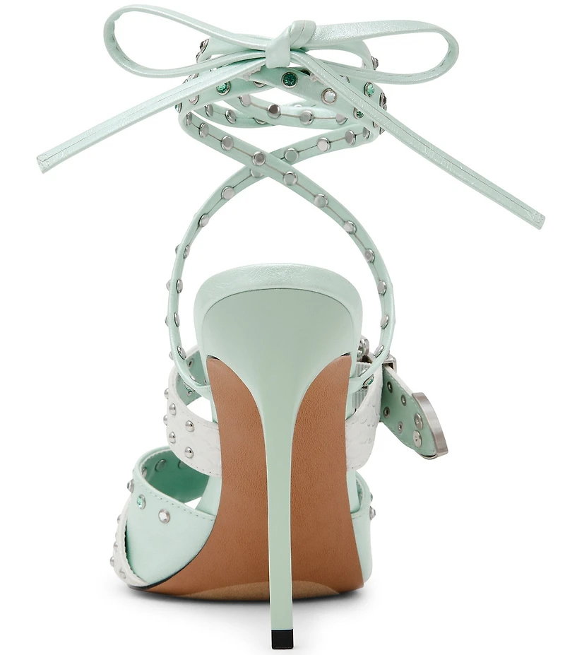 Steve Madden Saddle Studded Western Buckle Hardware Ankle Wrap Stiletto Dress Sandals
