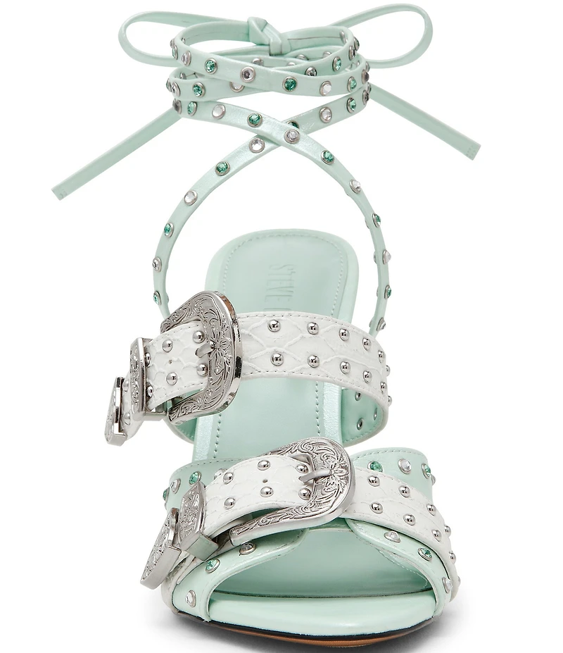 Steve Madden Saddle Studded Western Buckle Hardware Ankle Wrap Stiletto Dress Sandals