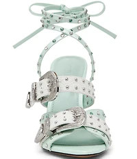 Steve Madden Saddle Studded Western Buckle Hardware Ankle Wrap Stiletto Dress Sandals