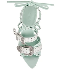 Steve Madden Saddle Studded Western Buckle Hardware Ankle Wrap Stiletto Dress Sandals