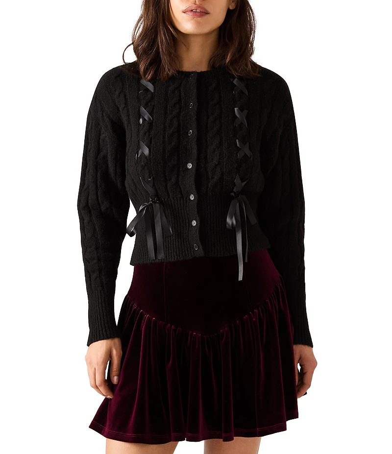 Steve Madden Saidee Crew Neck Long Sleeve Pointelle Cable Knit Cardigan