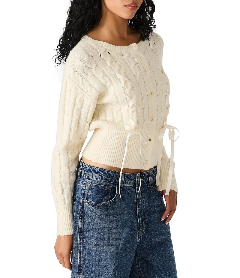 Steve Madden Saidee Crew Neck Long Sleeve Pointelle Cable Knit Cardigan
