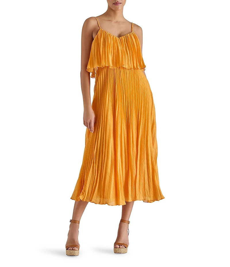 Steve Madden Sakura Pleated Woven V Neck Sleeveless Fit and Flare Midi Dress