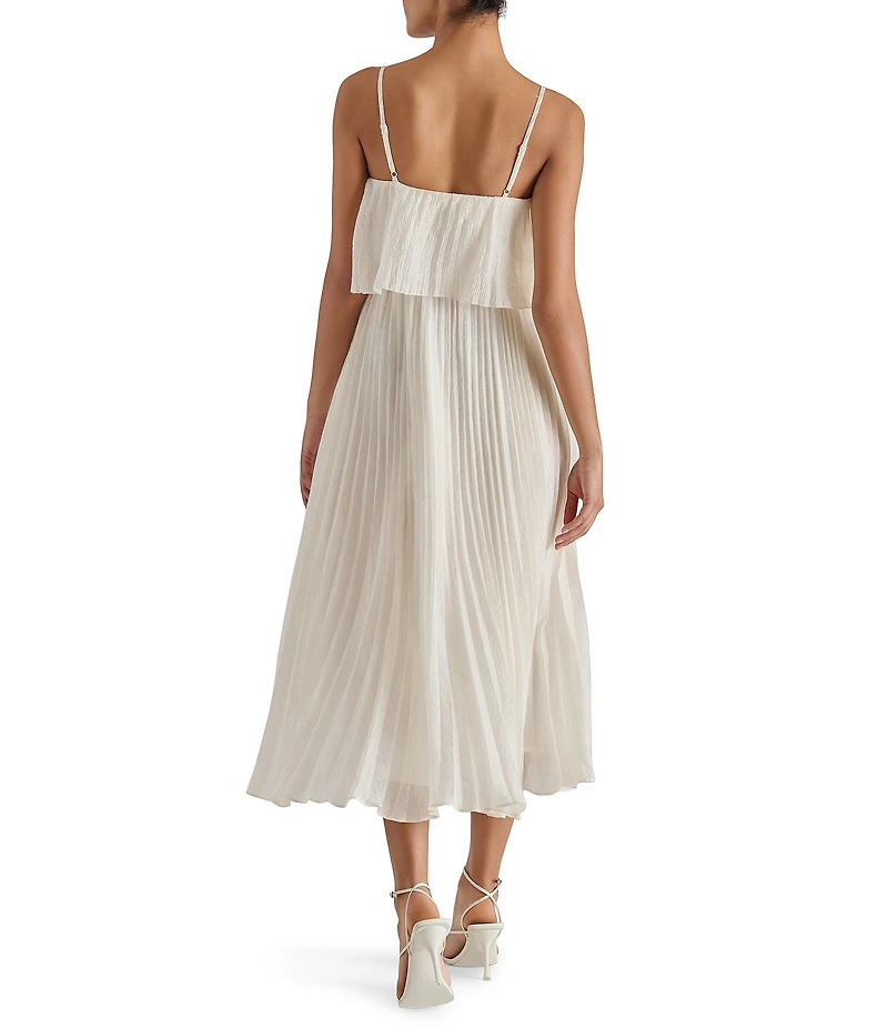 Steve Madden Sakura Pleated Woven V Neck Sleeveless Fit and Flare Midi Dress