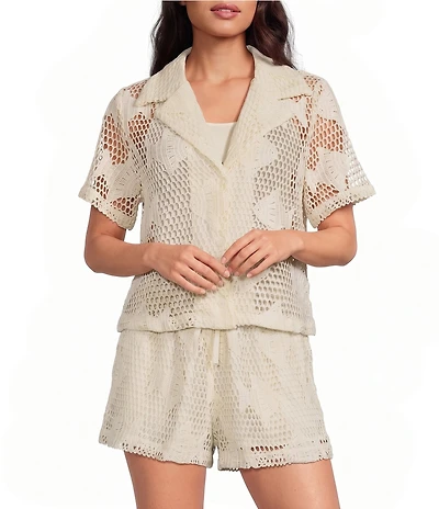 Steve Madden Sandra Collared Short Sleeve Button Front Coordinating Crochet Fish Top