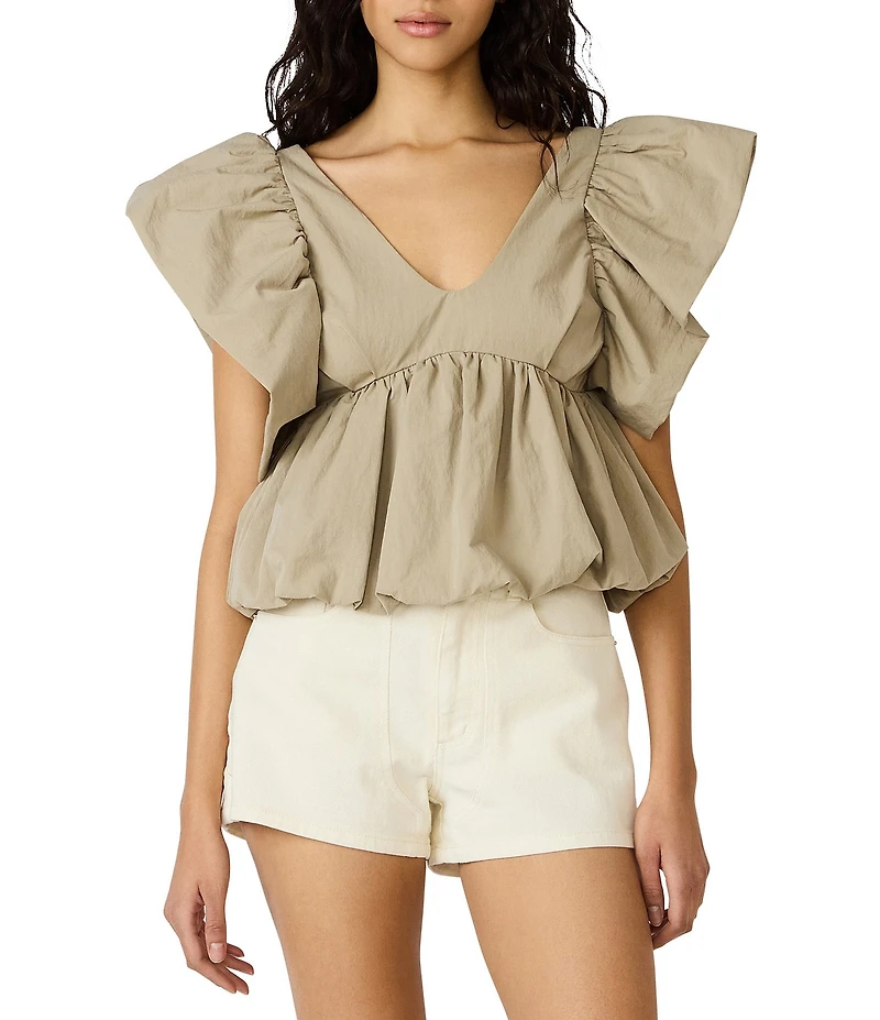 Steve Madden Saskya V-Neck Flutter Sleeve Peplum Bubble Top
