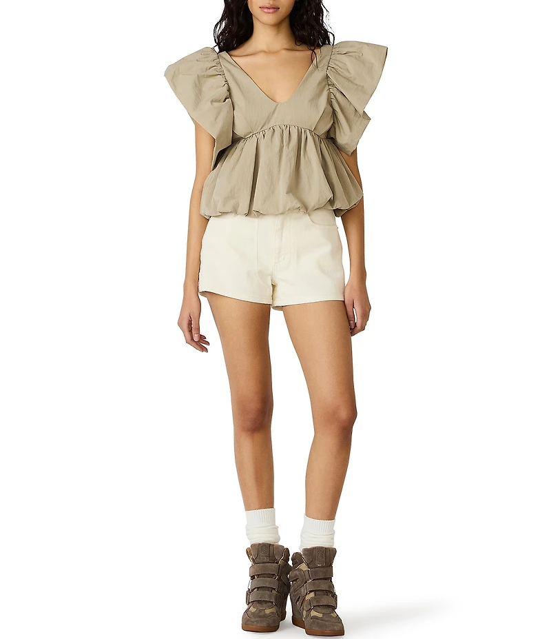 Steve Madden Saskya V-Neck Flutter Sleeve Peplum Bubble Top